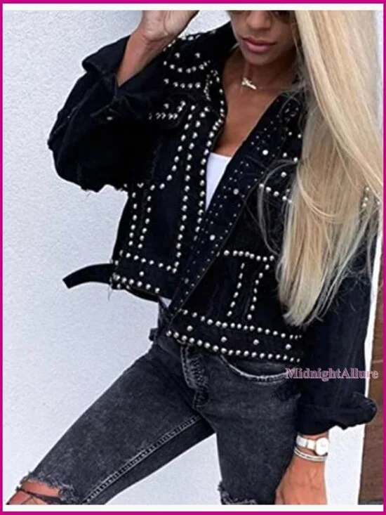 Distressed Denim Jacket with Fringe Studded Details Crop Fit - Picture 4 of 7